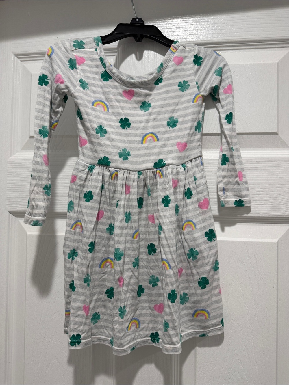 Girls' Gray Stripe Long-Sleeve Dress with Green Clover and Pink Heart Print